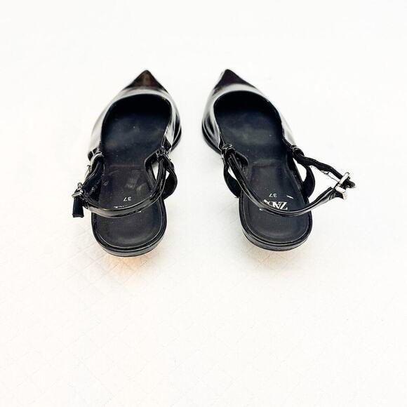 Zara Black Patent Leather Pointy Toe Kitten Heel Size 37 MINT - Picture 3 of 5